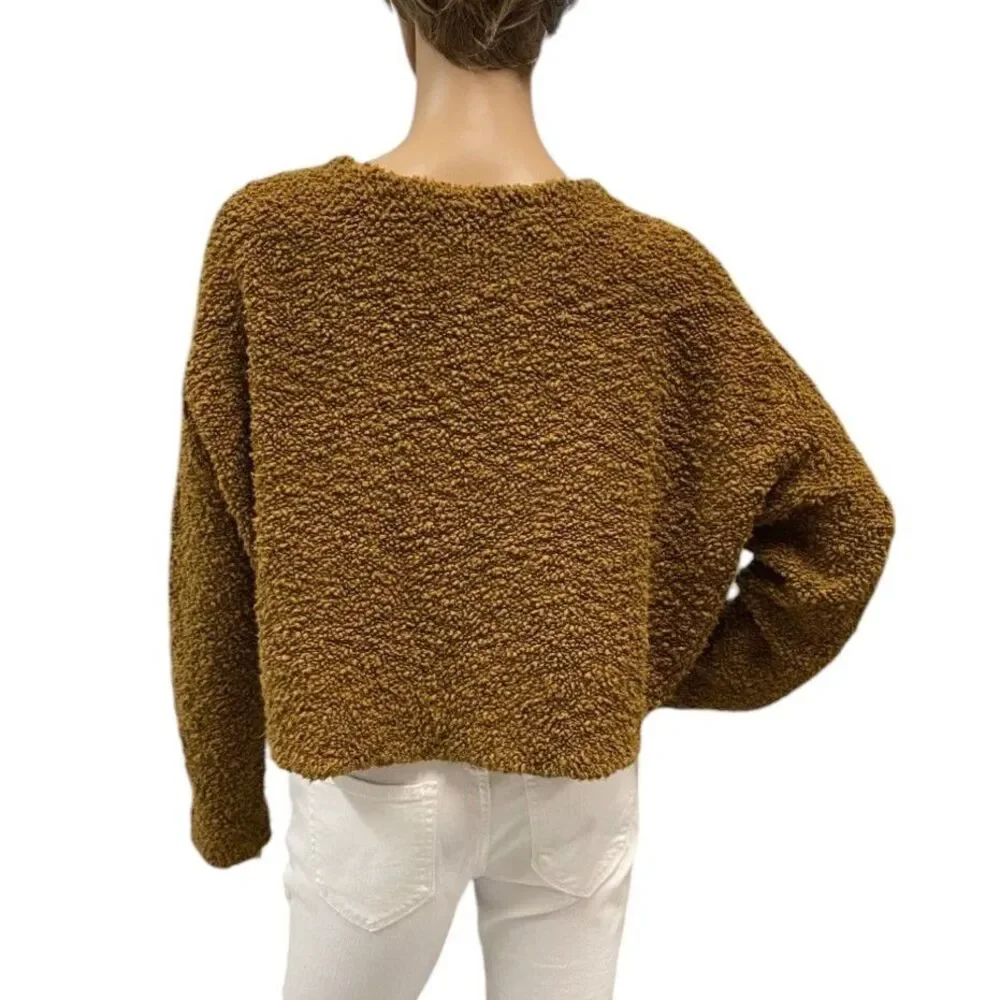 FREE PEOPLE Popcorn Pullover Cropped Cable Sweater Tobacco BROWN Sz S